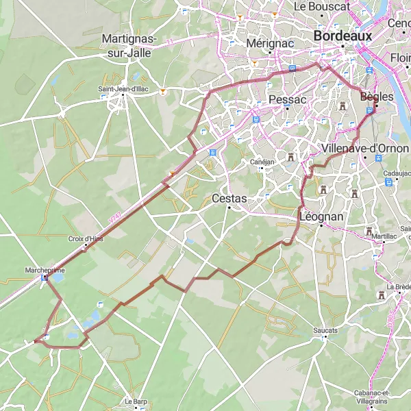 Miniature de la carte de l'inspiration cycliste "Boucle gravel vers Les Arrestieux" dans la Aquitaine, France. Générée par le planificateur d'itinéraire cycliste Tarmacs.app