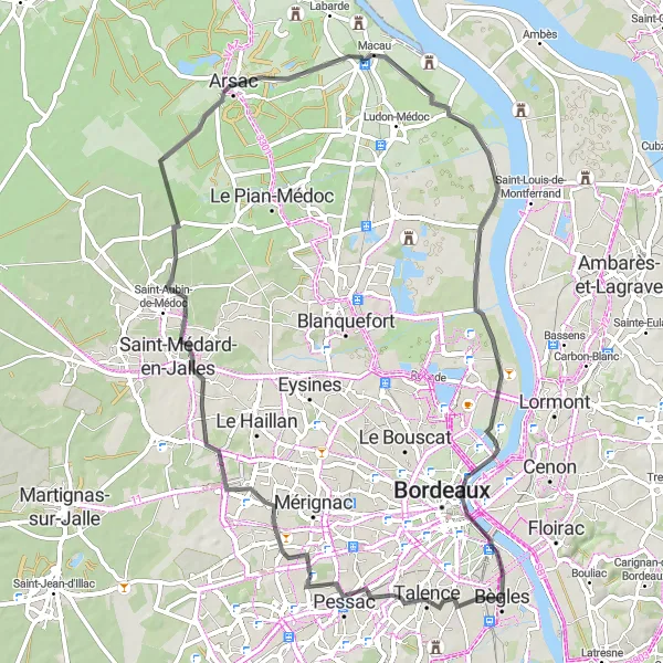 Map miniature of "Bordeaux Loop" cycling inspiration in Aquitaine, France. Generated by Tarmacs.app cycling route planner