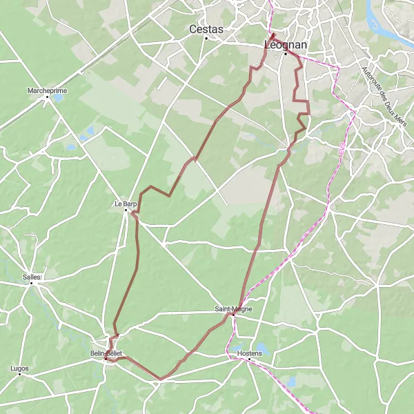 Miniatua del mapa de inspiración ciclista "Ruta de ciclismo de gravilla hacia Belin-Béliet" en Aquitaine, France. Generado por Tarmacs.app planificador de rutas ciclistas