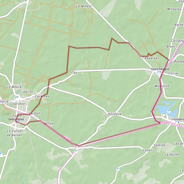 Miniatua del mapa de inspiración ciclista "Aventura en Suzon, Saint-Magne, Belin-Béliet en bicicleta de grava" en Aquitaine, France. Generado por Tarmacs.app planificador de rutas ciclistas
