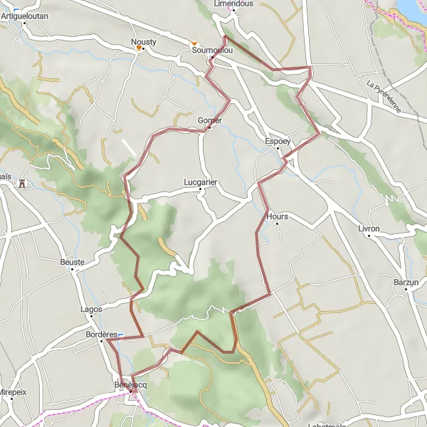 Map miniature of "Bénéjacq Gravel Ride" cycling inspiration in Aquitaine, France. Generated by Tarmacs.app cycling route planner