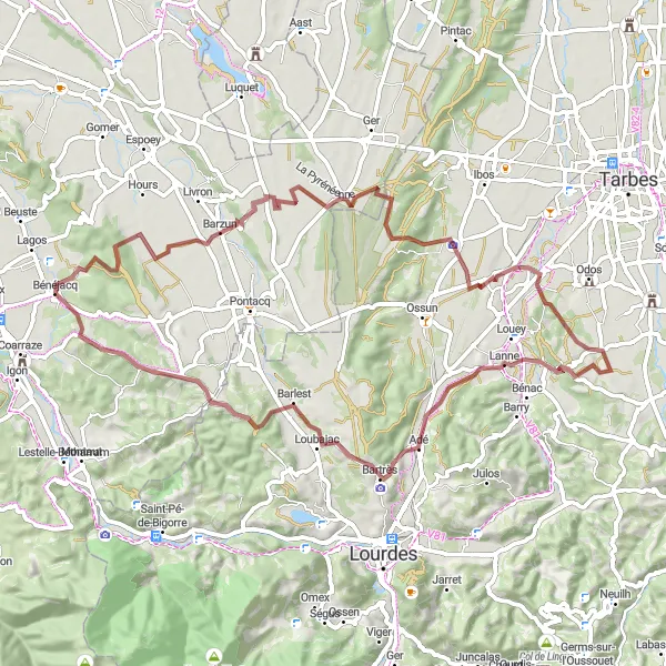 Map miniature of "Bartrès and Saint-Vincent" cycling inspiration in Aquitaine, France. Generated by Tarmacs.app cycling route planner