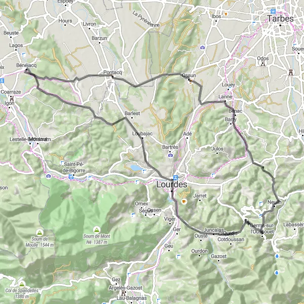 Miniatua del mapa de inspiración ciclista "Ruta de las Montañas Sagradas" en Aquitaine, France. Generado por Tarmacs.app planificador de rutas ciclistas