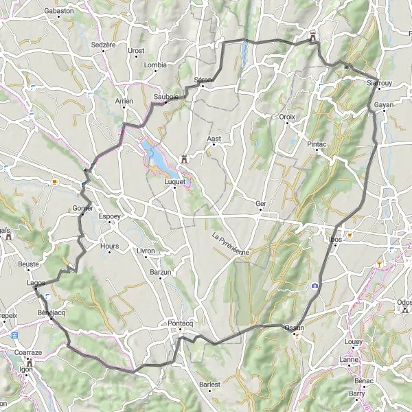 Miniature de la carte de l'inspiration cycliste "Boucle de Saubole" dans la Aquitaine, France. Générée par le planificateur d'itinéraire cycliste Tarmacs.app