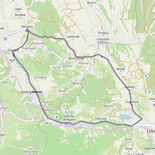 Map miniature of "Poueyferré and Coarraze" cycling inspiration in Aquitaine, France. Generated by Tarmacs.app cycling route planner