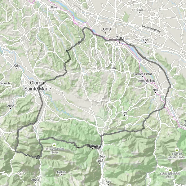 Map miniature of "Challenge of the Pyrenees Cycling Route" cycling inspiration in Aquitaine, France. Generated by Tarmacs.app cycling route planner