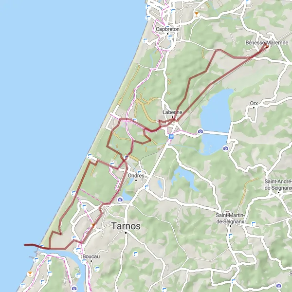 Miniature de la carte de l'inspiration cycliste "Parcours gravel le long de la côte de Tarnos" dans la Aquitaine, France. Générée par le planificateur d'itinéraire cycliste Tarmacs.app