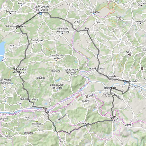 Map miniature of "Challenging Road Cycling Journey around Bénesse-Maremne" cycling inspiration in Aquitaine, France. Generated by Tarmacs.app cycling route planner