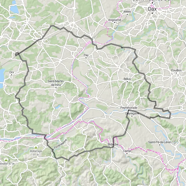 Miniature de la carte de l'inspiration cycliste "Les collines du Pays Basque" dans la Aquitaine, France. Générée par le planificateur d'itinéraire cycliste Tarmacs.app