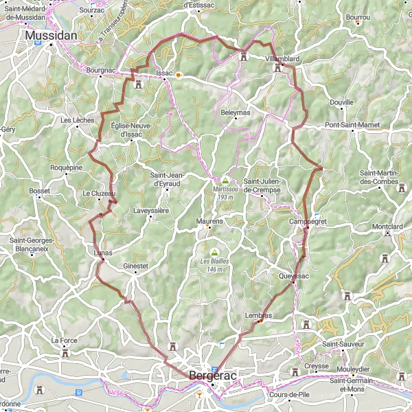 Map miniature of "Gravel Exploration to Château de Mounet-Sully" cycling inspiration in Aquitaine, France. Generated by Tarmacs.app cycling route planner