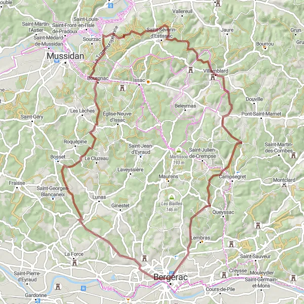 Map miniature of "Gravel Cycling Adventure in Bergerac" cycling inspiration in Aquitaine, France. Generated by Tarmacs.app cycling route planner