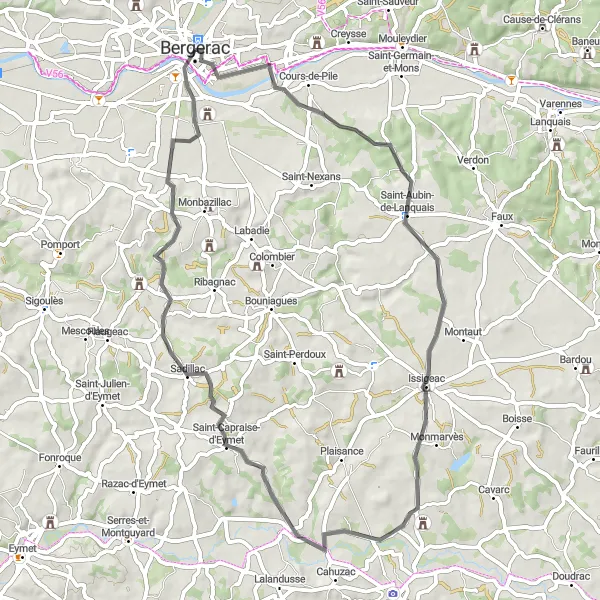 Map miniature of "Cours-de-Pile Loop" cycling inspiration in Aquitaine, France. Generated by Tarmacs.app cycling route planner