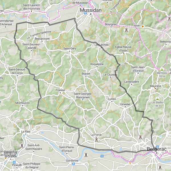 Map miniature of "Lamonzie-Saint-Martin Loop" cycling inspiration in Aquitaine, France. Generated by Tarmacs.app cycling route planner
