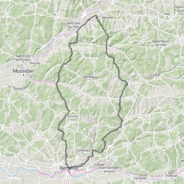 Map miniature of "Challenging Road Tour with Stunning Sights" cycling inspiration in Aquitaine, France. Generated by Tarmacs.app cycling route planner
