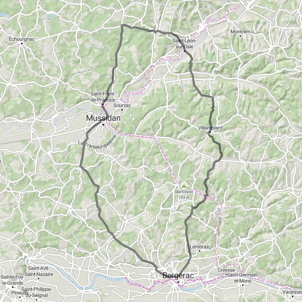 Map miniature of "Road Cycling Adventure in Bergerac" cycling inspiration in Aquitaine, France. Generated by Tarmacs.app cycling route planner
