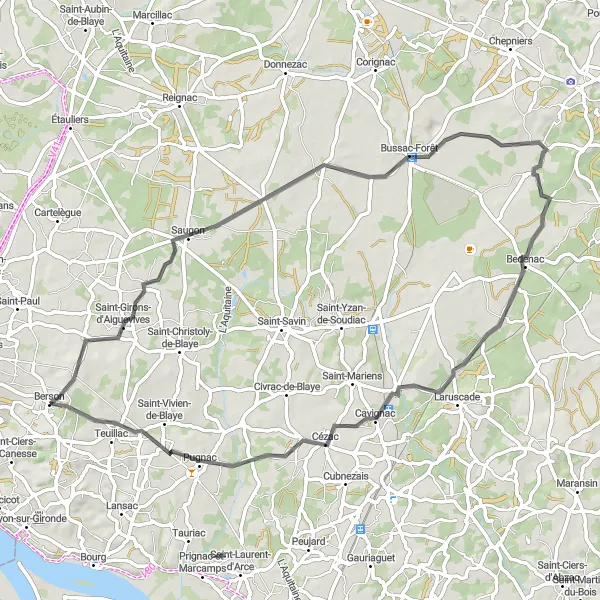 Map miniature of "Chateaux Loop" cycling inspiration in Aquitaine, France. Generated by Tarmacs.app cycling route planner