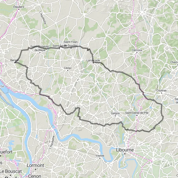 Map miniature of "Saint-Yzan-de-Soudiac Loop" cycling inspiration in Aquitaine, France. Generated by Tarmacs.app cycling route planner