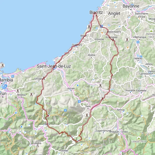 Miniatua del mapa de inspiración ciclista "Ruta de Grava de Arcangues a Rocher de la Vierge" en Aquitaine, France. Generado por Tarmacs.app planificador de rutas ciclistas