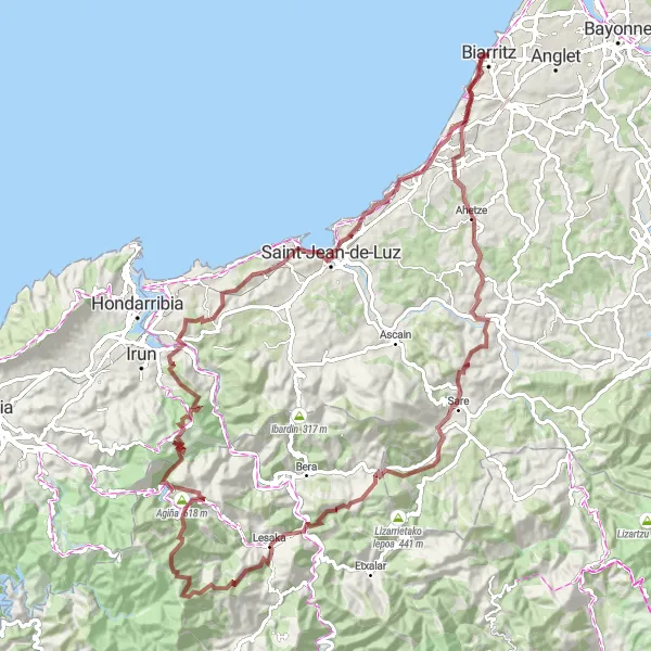 Miniatua del mapa de inspiración ciclista "Ruta de Grava desde Ahetze a Rocher de la Vierge" en Aquitaine, France. Generado por Tarmacs.app planificador de rutas ciclistas