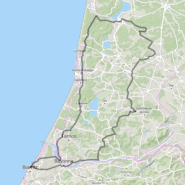 Map miniature of "Nature's Playground" cycling inspiration in Aquitaine, France. Generated by Tarmacs.app cycling route planner