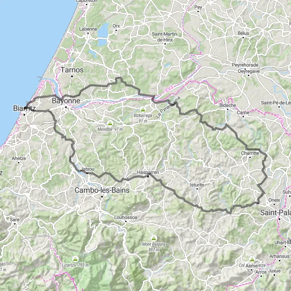 Miniature de la carte de l'inspiration cycliste "Biarritz - Bardos - Hasparren" dans la Aquitaine, France. Générée par le planificateur d'itinéraire cycliste Tarmacs.app