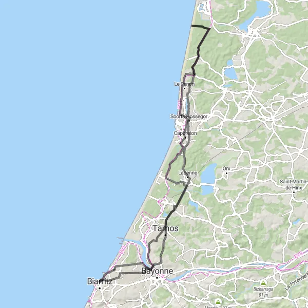 Map miniature of "Coastal and Forest Adventure" cycling inspiration in Aquitaine, France. Generated by Tarmacs.app cycling route planner