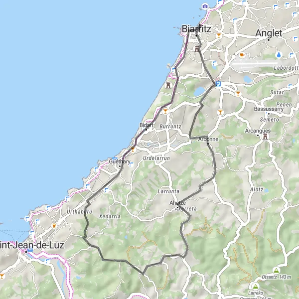Miniatua del mapa de inspiración ciclista "Ruta escénica por la costa" en Aquitaine, France. Generado por Tarmacs.app planificador de rutas ciclistas