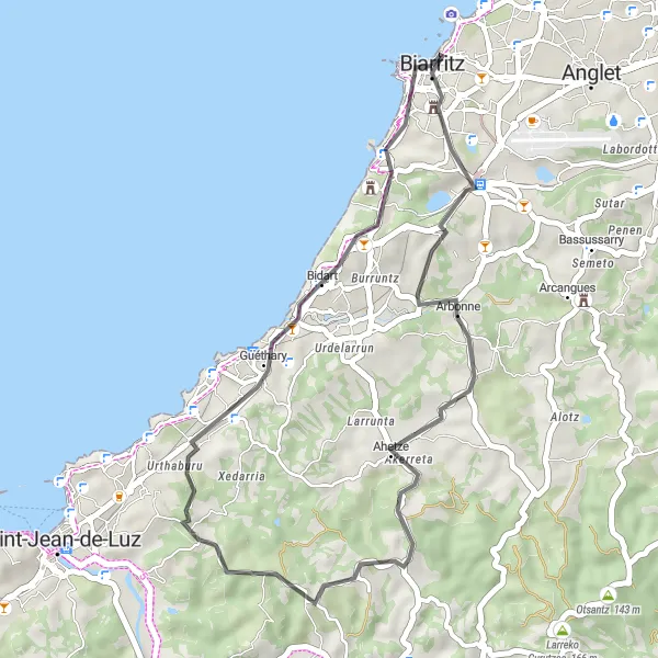 Map miniature of "Coastal Delights" cycling inspiration in Aquitaine, France. Generated by Tarmacs.app cycling route planner