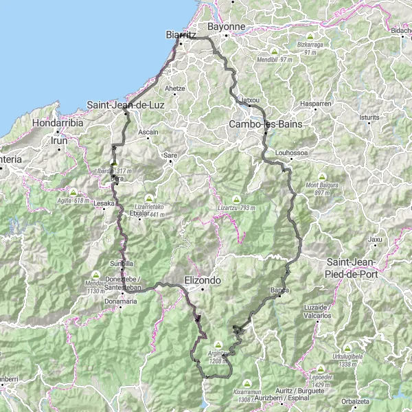 Miniatua del mapa de inspiración ciclista "Aventura en la Montaña desde Biarritz" en Aquitaine, France. Generado por Tarmacs.app planificador de rutas ciclistas