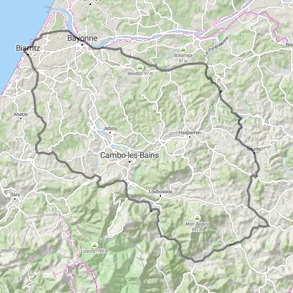 Map miniature of "Ultimate Challenge" cycling inspiration in Aquitaine, France. Generated by Tarmacs.app cycling route planner