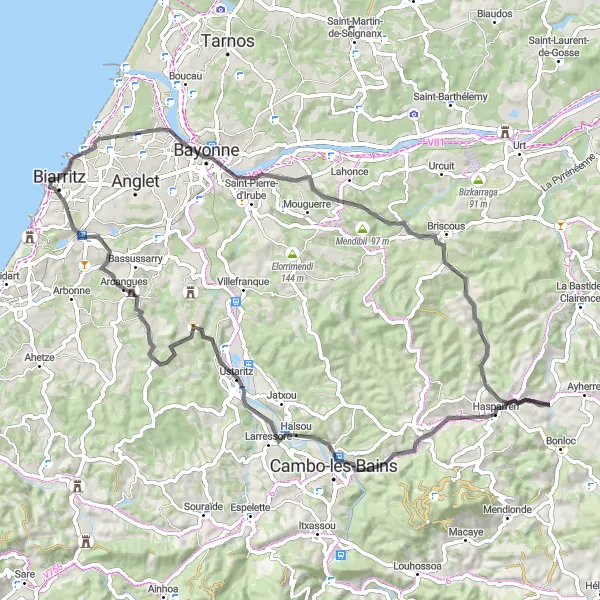 Miniatua del mapa de inspiración ciclista "Ruta de Carretera desde Biarritz a Rocher de la Vierge" en Aquitaine, France. Generado por Tarmacs.app planificador de rutas ciclistas