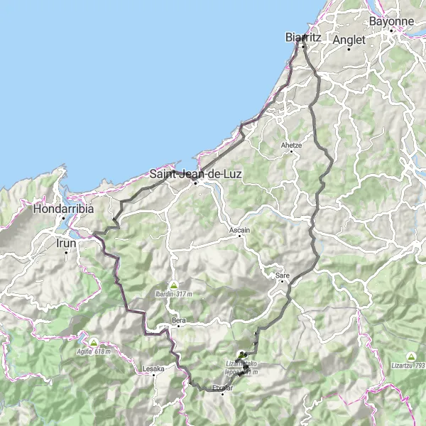 Map miniature of "The Basque Countryside Challenge" cycling inspiration in Aquitaine, France. Generated by Tarmacs.app cycling route planner