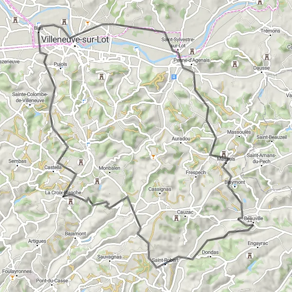 Miniature de la carte de l'inspiration cycliste "Boucle de Bias à travers la vallée du Lot" dans la Aquitaine, France. Générée par le planificateur d'itinéraire cycliste Tarmacs.app