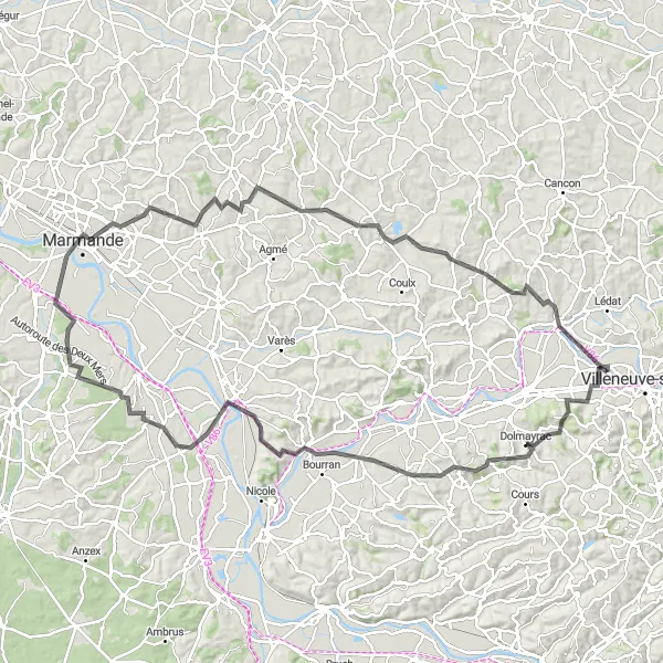 Miniatua del mapa de inspiración ciclista "Tour en Bicicleta por las Colinas de Aquitania" en Aquitaine, France. Generado por Tarmacs.app planificador de rutas ciclistas