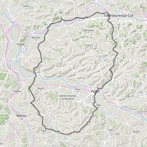 Map miniature of "Hills and Bridges" cycling inspiration in Aquitaine, France. Generated by Tarmacs.app cycling route planner