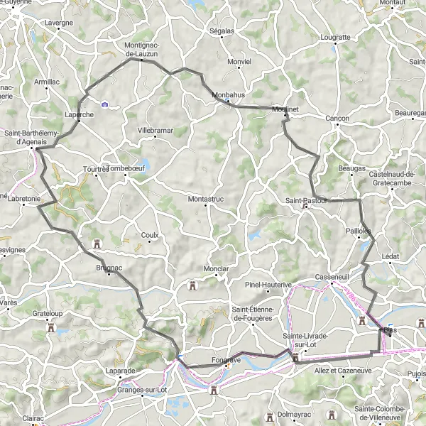 Map miniature of "Undulating Landscapes of Bias" cycling inspiration in Aquitaine, France. Generated by Tarmacs.app cycling route planner