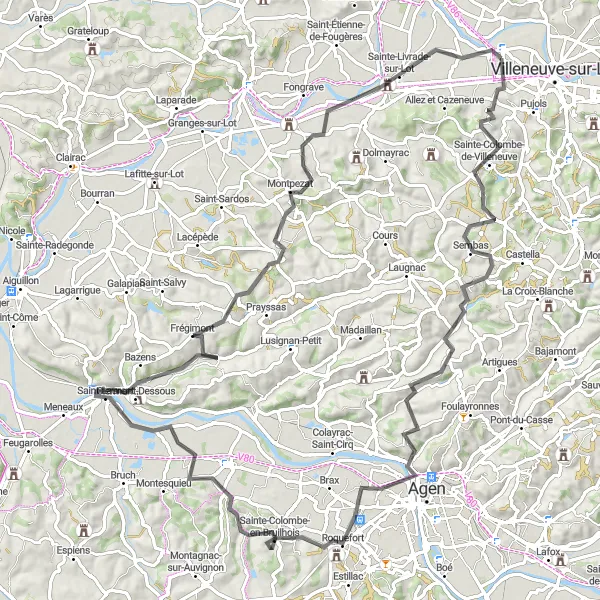 Miniature de la carte de l'inspiration cycliste "Itinéraire de Bias à Sainte-Livrade-sur-Lot par Le Passage" dans la Aquitaine, France. Générée par le planificateur d'itinéraire cycliste Tarmacs.app