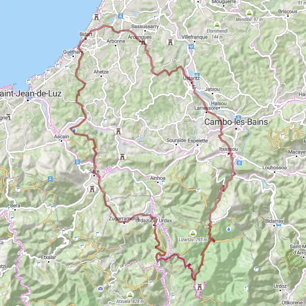 Map miniature of "Arcangues to Guéthary Gravel Ride" cycling inspiration in Aquitaine, France. Generated by Tarmacs.app cycling route planner