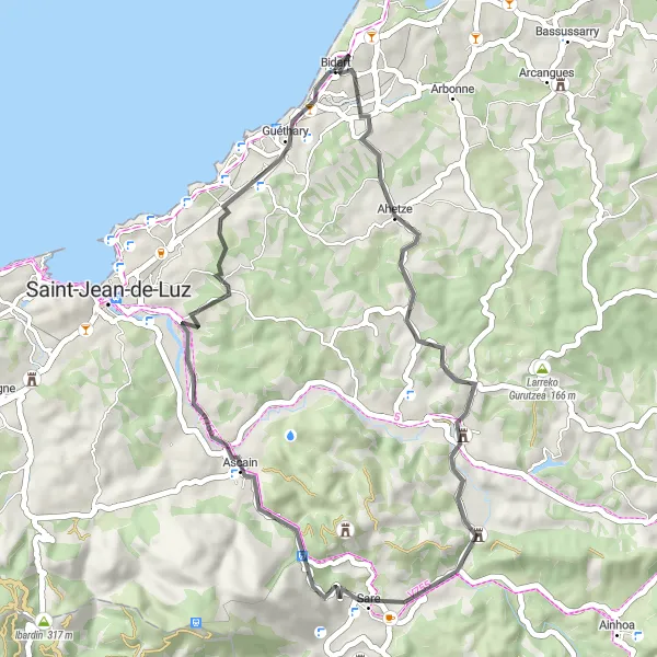 Map miniature of "Saint-Pée-sur-Nivelle Loop" cycling inspiration in Aquitaine, France. Generated by Tarmacs.app cycling route planner