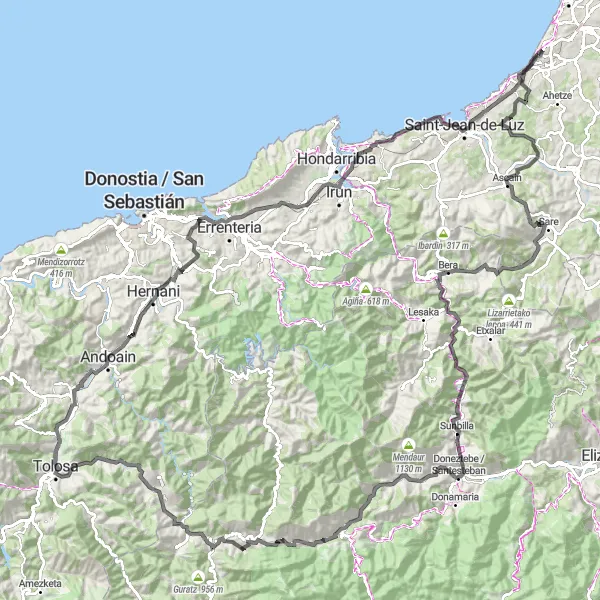 Map miniature of "The Basque Country Loop" cycling inspiration in Aquitaine, France. Generated by Tarmacs.app cycling route planner