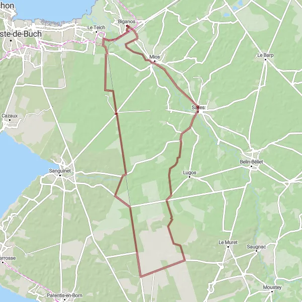 Miniature de la carte de l'inspiration cycliste "Parcours des villages côtiers" dans la Aquitaine, France. Générée par le planificateur d'itinéraire cycliste Tarmacs.app