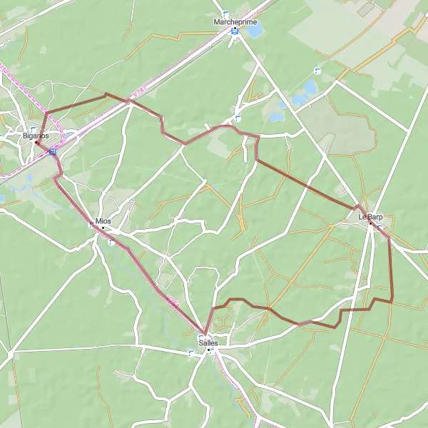 Miniature de la carte de l'inspiration cycliste "Boucle forestière du Barp" dans la Aquitaine, France. Générée par le planificateur d'itinéraire cycliste Tarmacs.app