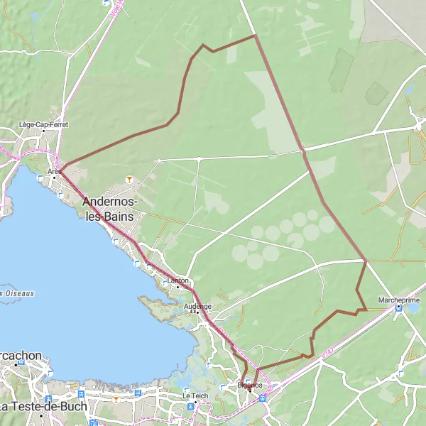 Miniature de la carte de l'inspiration cycliste "Boucle des chemins de terre" dans la Aquitaine, France. Générée par le planificateur d'itinéraire cycliste Tarmacs.app