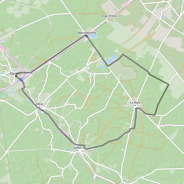 Miniature de la carte de l'inspiration cycliste "Marcheprime - Mios" dans la Aquitaine, France. Générée par le planificateur d'itinéraire cycliste Tarmacs.app