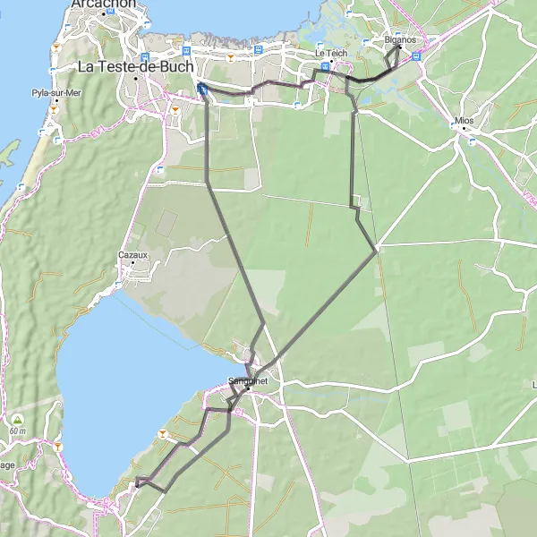 Miniature de la carte de l'inspiration cycliste "Biganos - Le Teich" dans la Aquitaine, France. Générée par le planificateur d'itinéraire cycliste Tarmacs.app