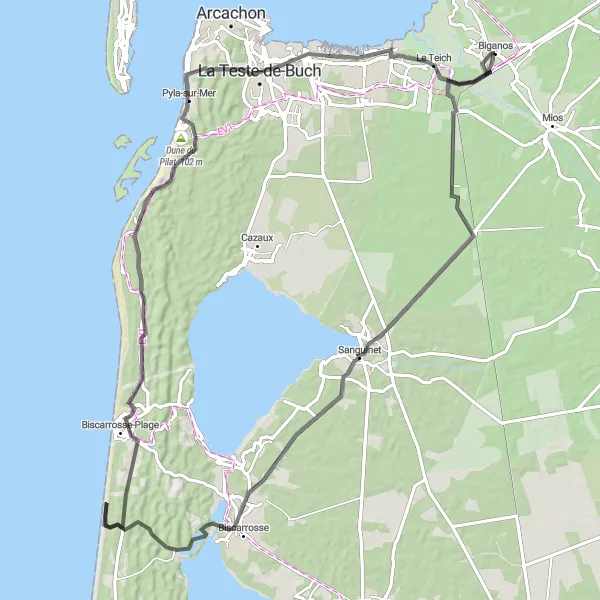 Miniature de la carte de l'inspiration cycliste "La boucle du Bassin d'Arcachon" dans la Aquitaine, France. Générée par le planificateur d'itinéraire cycliste Tarmacs.app