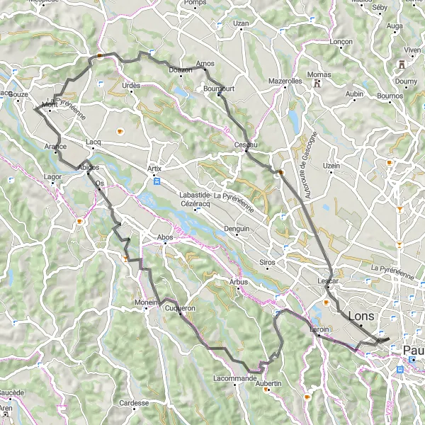 Miniature de la carte de l'inspiration cycliste "Boucle à travers les villages du Béarn" dans la Aquitaine, France. Générée par le planificateur d'itinéraire cycliste Tarmacs.app