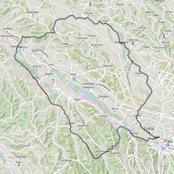 Miniature de la carte de l'inspiration cycliste "Les collines de Béarn" dans la Aquitaine, France. Générée par le planificateur d'itinéraire cycliste Tarmacs.app
