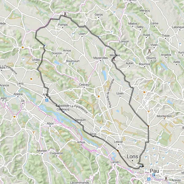 Miniature de la carte de l'inspiration cycliste "Le tour des collines de Pau" dans la Aquitaine, France. Générée par le planificateur d'itinéraire cycliste Tarmacs.app