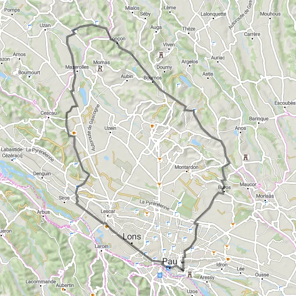 Map miniature of "Scenic Loop through Poey-de-Lescar" cycling inspiration in Aquitaine, France. Generated by Tarmacs.app cycling route planner